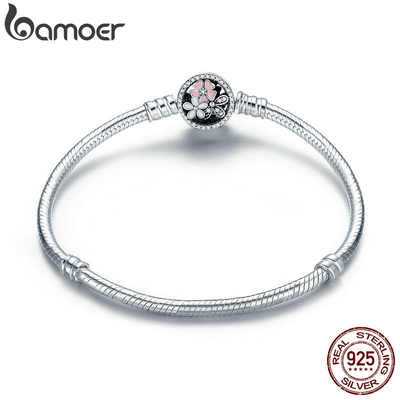 BAMOER Authentic 925 Sterling Silver Poetic Daisy Cherry Blossom Mixed Enamels & Clear CZ Snake Chain Bracelet Jewelry PAS919