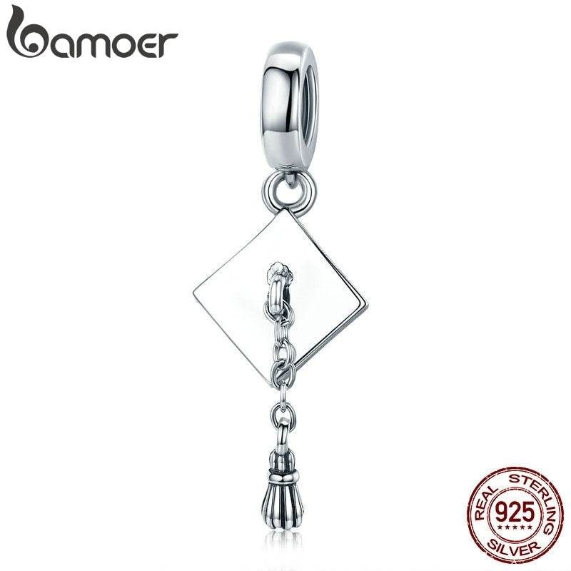 BAMOER Authentic 925 Sterling Silver Graduate Trencher Cap Long Tassel Pendant Charm fit Women Bracelet DIY Jewelry Gift SCC459