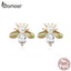 bamoer Crystal Queen Bee Stud Earrings for Women Glittering Green Enamel Wing Ear Studs Sterling Silver 925 Pearl Jewelry SCE643