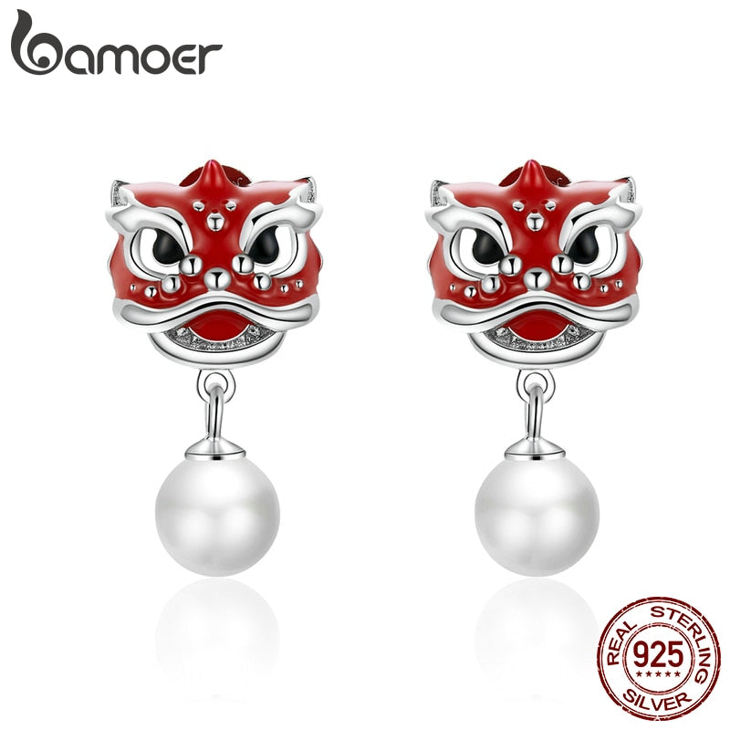 bamoer Lion Dance Red Enamel Silver Earrings for Women Pearl Jewelry 925 Sterling Silver Traditional Fesitival Bijoux BSE333