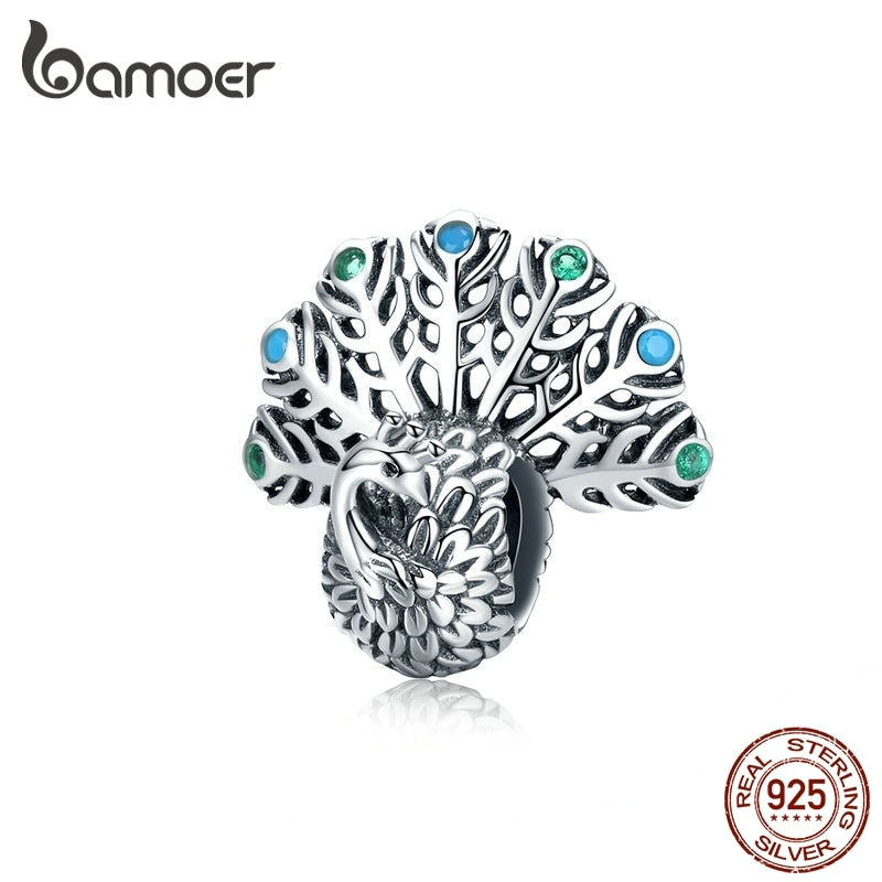 bamoer Cute 3D Opening Peacock Metal Beads Charm fit Luxury Brand Original Silver 925 Bracelet Bangle 3mm Jewelry SCC1260