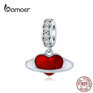BAMOER Enamel Red Heart Charm Silver 925 Love Planet Pendant for Women Jewelry Making Bracelet 3mm and Necklace SCC1165