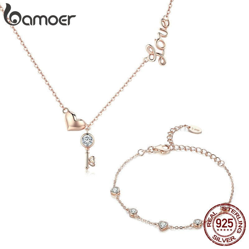 BAMOER 925 Sterling Silver Key Lock of Love Gold Color Necklaces Bracelets Jewelry Sets Wedding Authentic Silver Jewelry Set