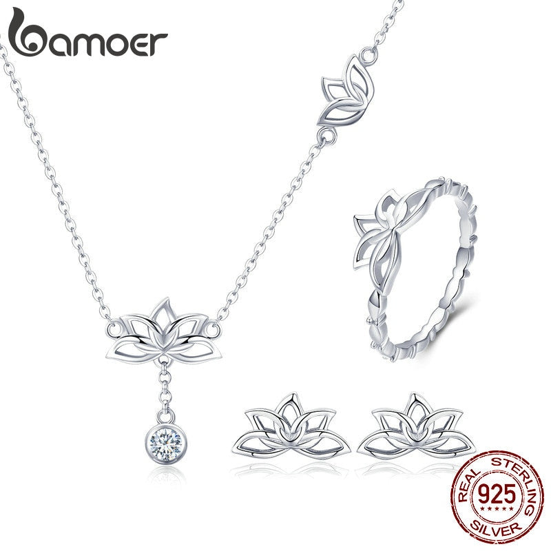 BAMOER Elegant 925 Sterling Silver Lotus Flower Earrings & Necklaces Pendant Jewelry Sets for Women Silver Jewelry Gift ZHS067