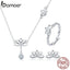 BAMOER Elegant 925 Sterling Silver Lotus Flower Earrings & Necklaces Pendant Jewelry Sets for Women Silver Jewelry Gift ZHS067