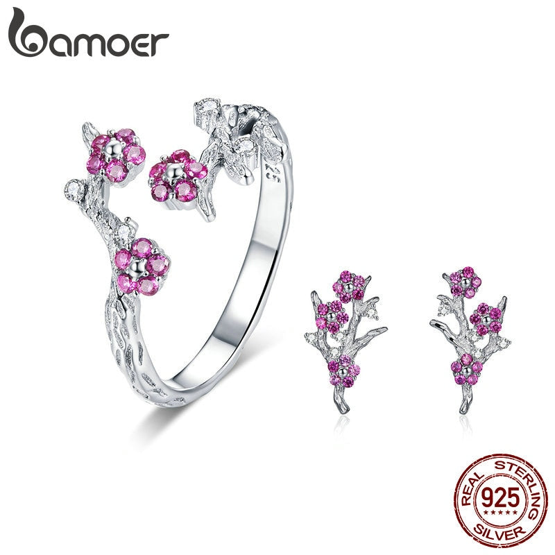 BAMOER 100% 925 Sterling Silver Blooming Wintersweet Plum Flower Rings Earrings Women Jewelry Sets Zircon Luxury Jewelry ZHS096