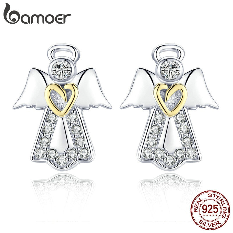 BAMOER Hot Sale Genuine 925 Sterling Silver Guardian Angel Exquisite Stud Earrings for Women Fashion Silver Jewelry Gift SCE476