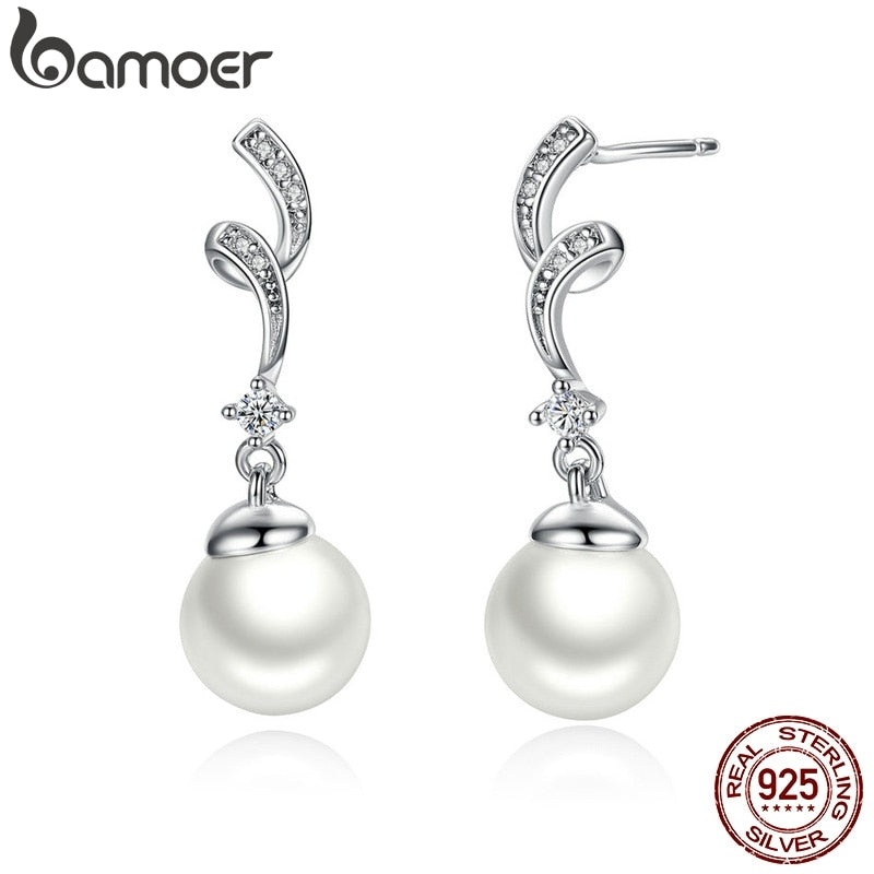 BAMOER Unique Design 100% 925 Sterling Silver Simulated Pearl & Wave Drop Earrings Women Fashion Jewelry SCE035