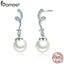 BAMOER Unique Design 100% 925 Sterling Silver Simulated Pearl & Wave Drop Earrings Women Fashion Jewelry SCE035