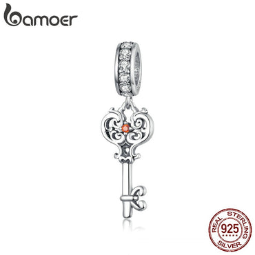 bamoer Key Charm Genuine 925 Sterling Silver Vintage Pattern Pendant Charms for Women Bracelet & Bangle Necklace Pendant BSC092