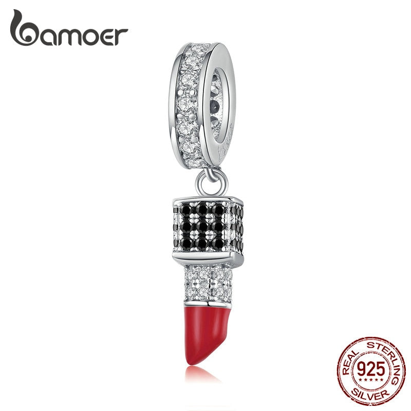 bamoer Sterling Silver 925 Clear CZ Dazzling Lipstick Pendant Charm for Women Original Silver Bracelet or Necklace SCC1392