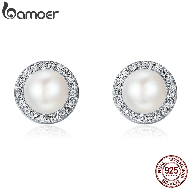 BAMOER 925 Sterling Silver Classic Round Sparkling CZ Fresh Water Pearl Stud Earrings for Women Sterling Silver Jewelry SCE122