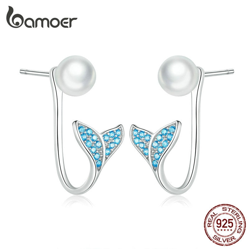 bamoer Pearl Earrings for Women Sterling Silver 925 Blue CZ Mermaid Fish Tail Earrings Bijoux Pendientes 2019 New SCE761