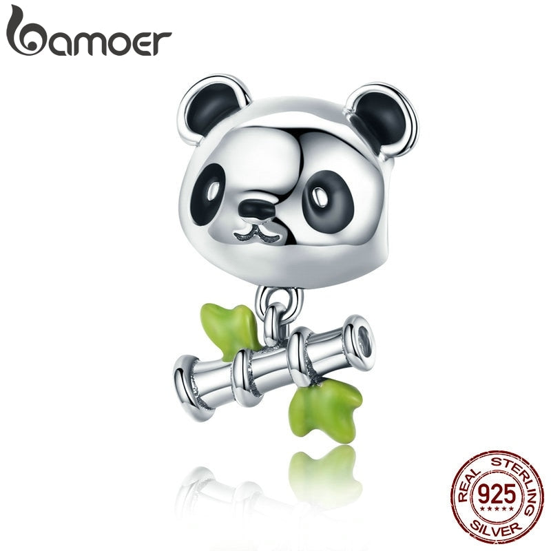 BAMOER Real 100% 925 Sterling Silver Lovely Bamboo & Panda Animal Charm fit Girls Charm Bracelet DIY Jewelry Girls Gift SCC325