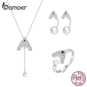 bamoer Shark with Pearl Sterling Silver 925 Choker Necklace and Rings for Women Earrings Wedding Statement Jewelry Sets ZHS172
