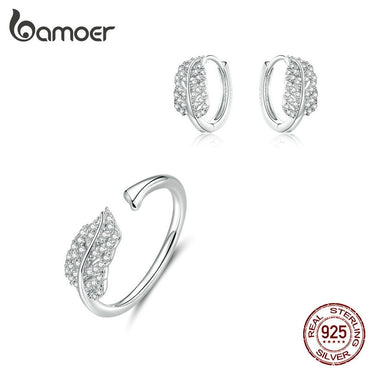 bamoer Sterling Silver 925 Jewelry Sets Leaf Open Finger Rings and Hoop Earrings for Women Female 2019 New Bijoux ZHS174
