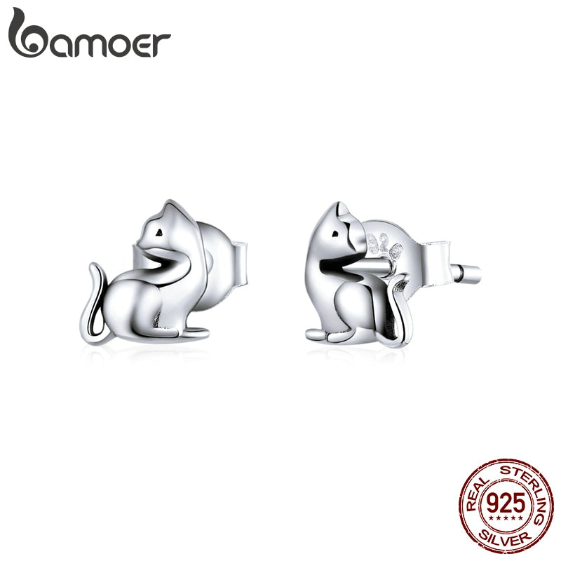 bamoer Silver Cute Cat Kitty Stud Earrings for Girl Anti-allergy 925 Sterling Silver Ear Pins Studs Jewelry Gifts SCE832