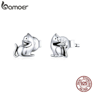 bamoer Silver Cute Cat Kitty Stud Earrings for Girl Anti-allergy 925 Sterling Silver Ear Pins Studs Jewelry Gifts SCE832