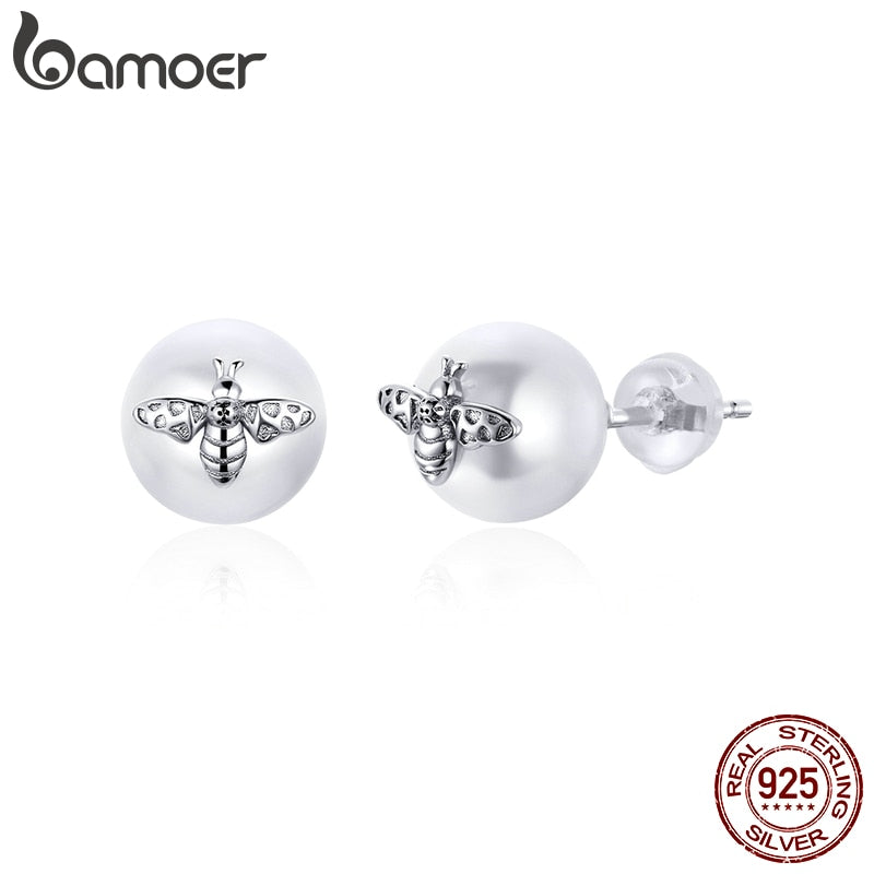 bamoer Real 925 Sterling Silver Bee on the Pearl Stud Earrings for Women Elegant Wedding Engagement Jewelry Brincos BSE336