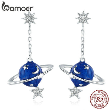 BAMOER 925 Sterling Silver Secret Planet Moon Star Drop Earrings for Women Clear Cubic Zircon Sterling Silver Jewelry BSE016