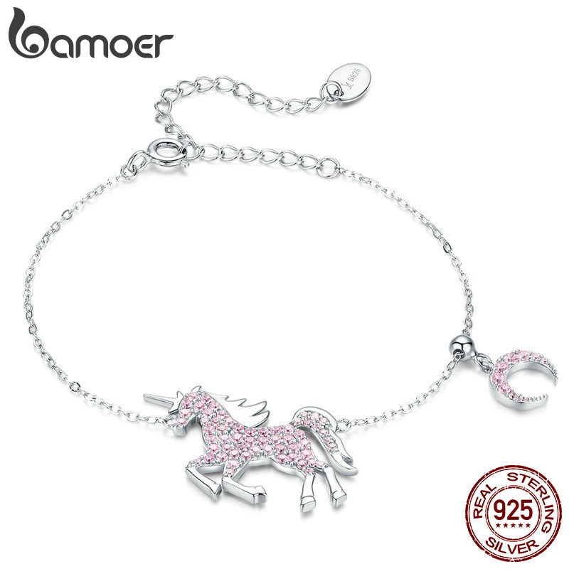 bamoer Licorne Moon Horse Chain Bracelets 925 Sterling Silver Femme Pegasus Design Jewelry Pink CZ Bijoux for Girl SCB155