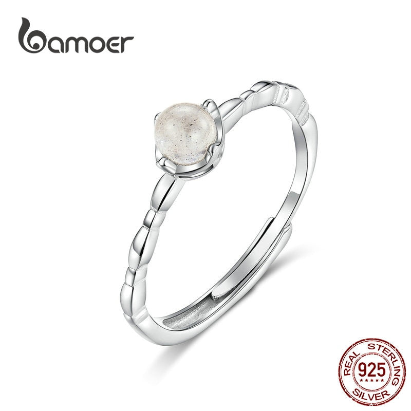 bamoer Natural Moonstone Ring Genuine 925 Sterling Silver Thin Finger Band for Women Bohemia Style Jewelry Gifts SCR536