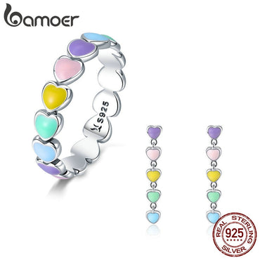 BAMOER Authentic 925 Sterling Silver Jewelry Set Rainbow Heart to Heart Rings & Earrings Jewelry Sets Sterling Silver Jewelry
