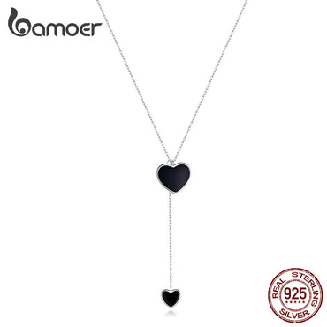 bamoer Double Heart Necklace for Women Simple Black Enamel Y-shape Chain Necklaces 925 Femme Sterling Silver Jewelry BSN095