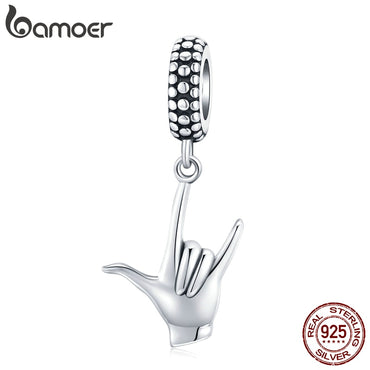 bamoer Genuine 925 Sterling Silver Rock Sign of the Horns Pendant Charm fit Original Bracelet or Necklace DIY Jewelry SCC1438