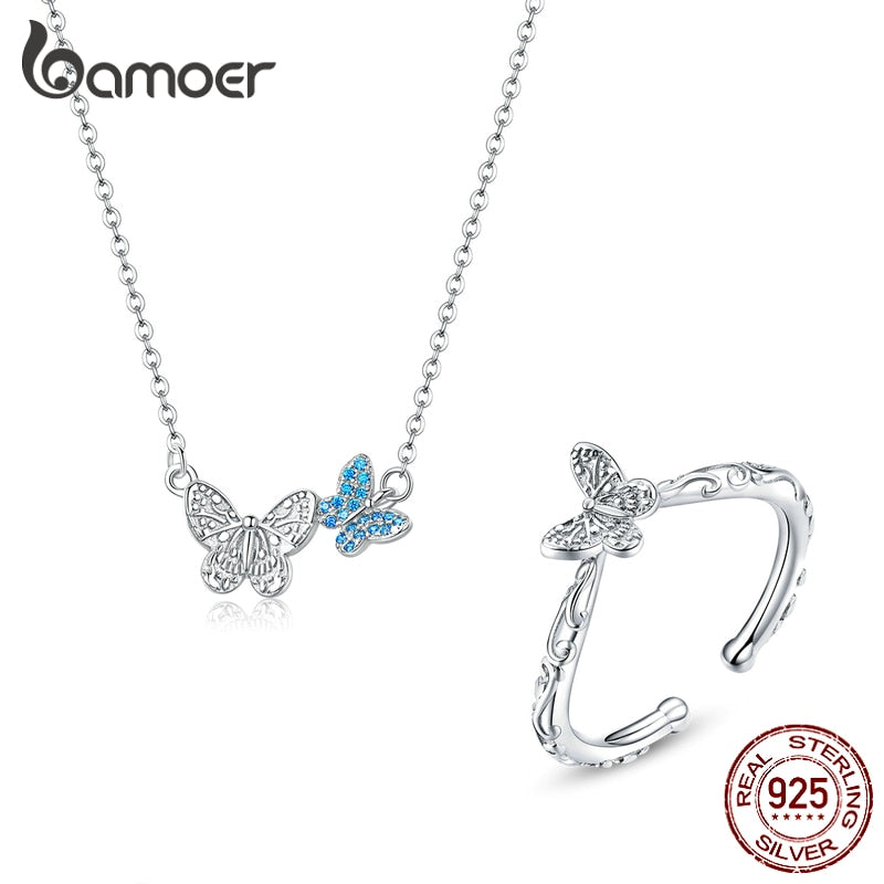 bamoer 925 Sterling Silver Jewelry Sets Butterfly Necklace and Finger Rings for Women Korean Style Fashion Jewelry ZHS184