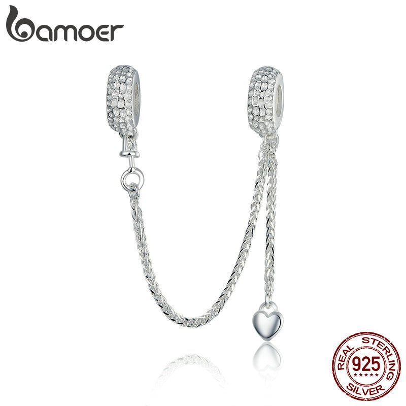 BAMOER Hot Sale 925 Sterling Silver Love Heart Safety Chain Charms Stopper Pendant fit Women Bracelets DIY Jewelry SCC1112