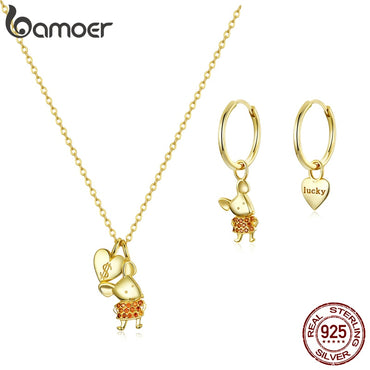 bamoer Gold Color 925  Sterling Silver Lucky Mouse Jewelry Sets Pendant Necklace for Women and Earrings 2020 2020 New ZHS189