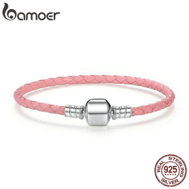 BAMOER Original 925 Sterling Silver Wholesale 4 Color Genuine Leather Snake Chain Bracelets for Women Fine Jewelry PAS908