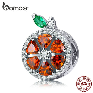 bamoer Summer Red Grapefruit Round Beads for Women Jewelry Making AAA CZ 925 Sterling Silver Charm fit Bracelet Jewelry SCC1277