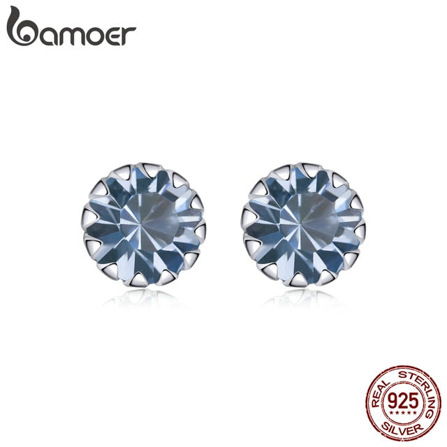 bamoer Birth Stone AAA Cubic Zircon Stud Earring 925 Sterling Silver Birthstone Ear Stud April Gifts Silver Jewelry SCE862