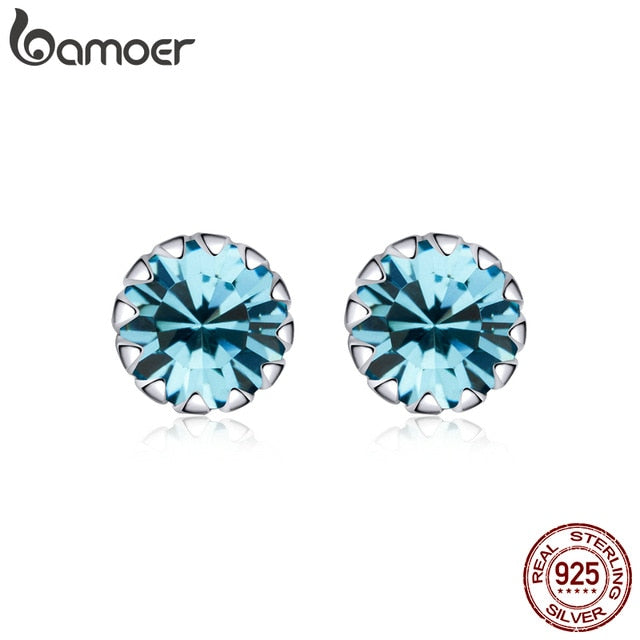 bamoer Birth Stone AAA Cubic Zircon Stud Earring 925 Sterling Silver Birthstone Ear Stud April Gifts Silver Jewelry SCE862