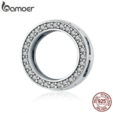 BAMOER Hot Sale Authentic 925 Sterling Silver Clear Zircon Round Circle Beads Charm fit Women Bracelets DIY Jewelry SCX101