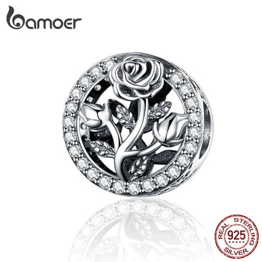 BAMOER Retro Rose Flower Beads 100% 925 Sterling Silver Round Bead Charms fit Snake Bracelet Women Fashion Jewelry SCC1189