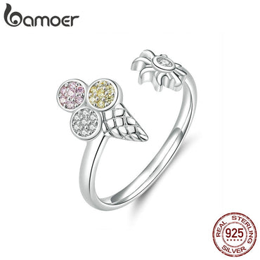 bamoer Summer Ice Cream Adjustable Finger Rings for Women Sterling Silver 925 Crystal Ring Korean Fashion Jewelry SCR529