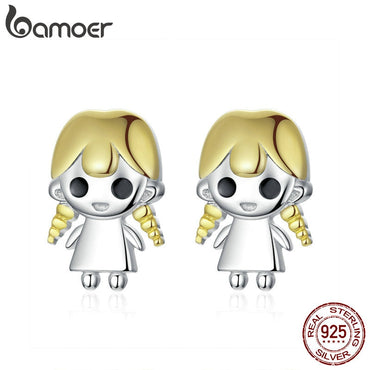bamoer Little Girl Daughter Stud Earrings for Women Gold Hair 925 Sterling Silver Design 2019 New Anti-allergy Jewelry SCE675