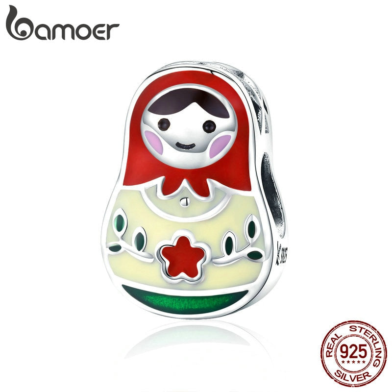 BAMOER 100% 925 Sterling Silver Colorful Enamel Matryoshka Beads Charms fit Women Bracelets & Bangles Jewelry Making SCC1086