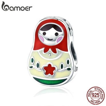 BAMOER 100% 925 Sterling Silver Colorful Enamel Matryoshka Beads Charms fit Women Bracelets & Bangles Jewelry Making SCC1086