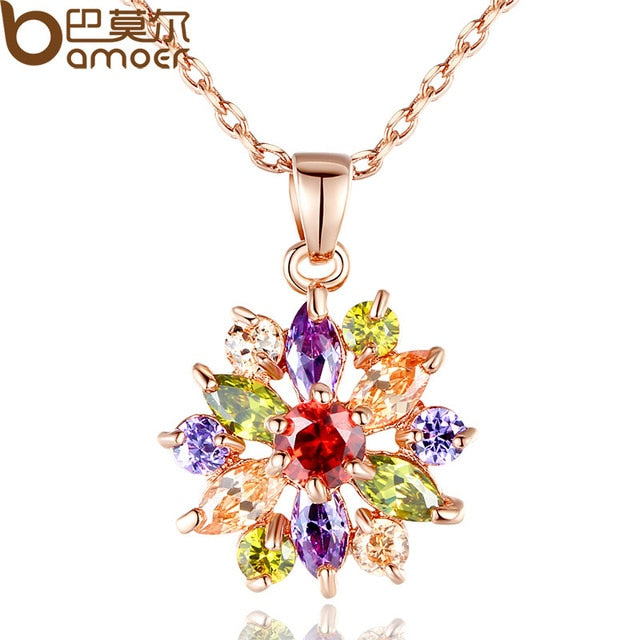 BAMOER  Rose Gold Color Necklaces Pendants with Multi Color AAA Cubic Zircon For Women Christmas Gift JIN029