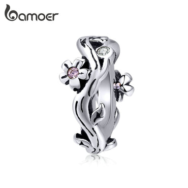 bamoer Sterling Silver 925 Jewelry Sakura Cherry Blossom Tiny Charm fit Original Snake Bracelet Fashion Jewelry Making SCC1448
