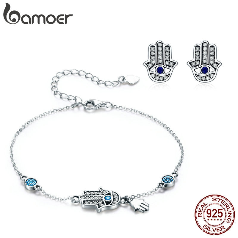 BAMOER Authentic 925 Sterling Silver Hand of Fatima Link Bracelets for Women & Earrings Jewelry Sets Luxury Jewelry Gift ZHS109