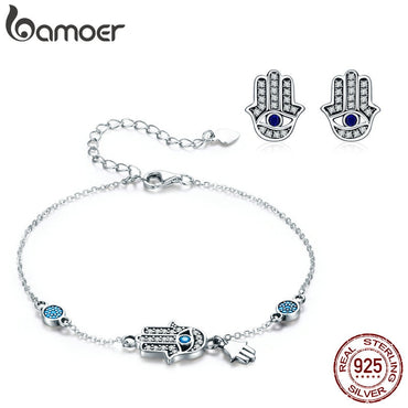 BAMOER Authentic 925 Sterling Silver Hand of Fatima Link Bracelets for Women & Earrings Jewelry Sets Luxury Jewelry Gift ZHS109