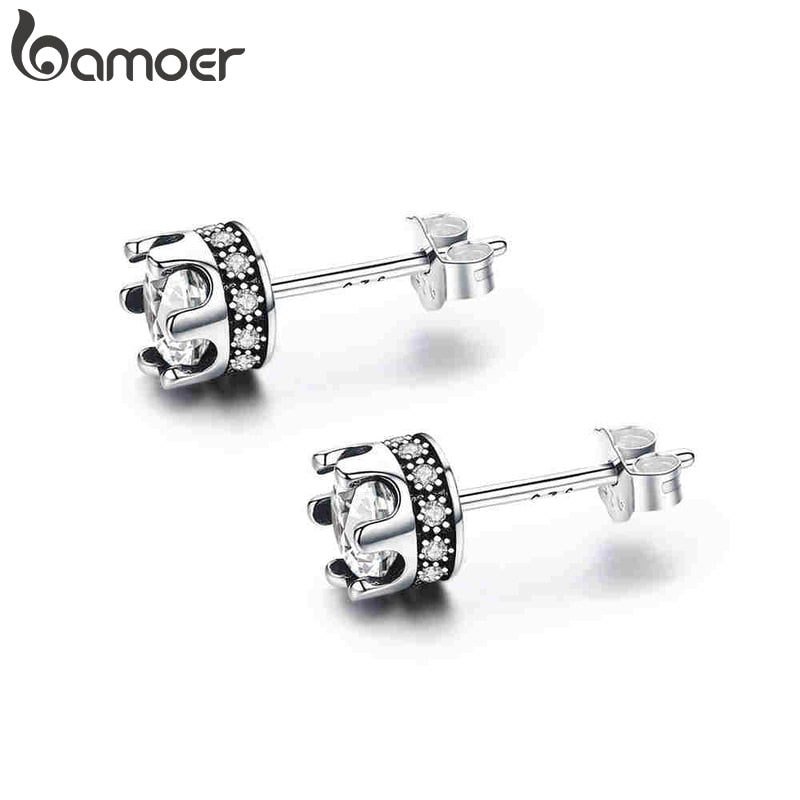 BAMOER High Quality 100% 925 Sterling Silver Princess Crown Luminous Clear CZ Stud Earrings for Women Fashion Jewelry SCE311