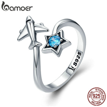 BAMOER 100% 925 Sterling Silver Trendy Star Tours Star & Plane Female Finger Rings for Women Sterling Silver Jewelry Anel SCR322