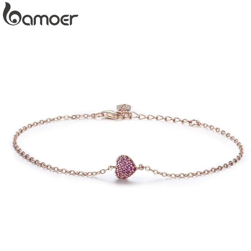 BAMOER 925 Sterling Silver Rose Gold Romantic Heart Chain Link Bracelet Women Adjustable Lobster Clasp Bracelet Jewelry SCB050