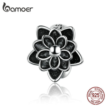 BAMOER 925 Sterling Silver Black Flower Lotus Charm compatible for Original Snake Bracelet Bangle Jewelry Making SCC1196